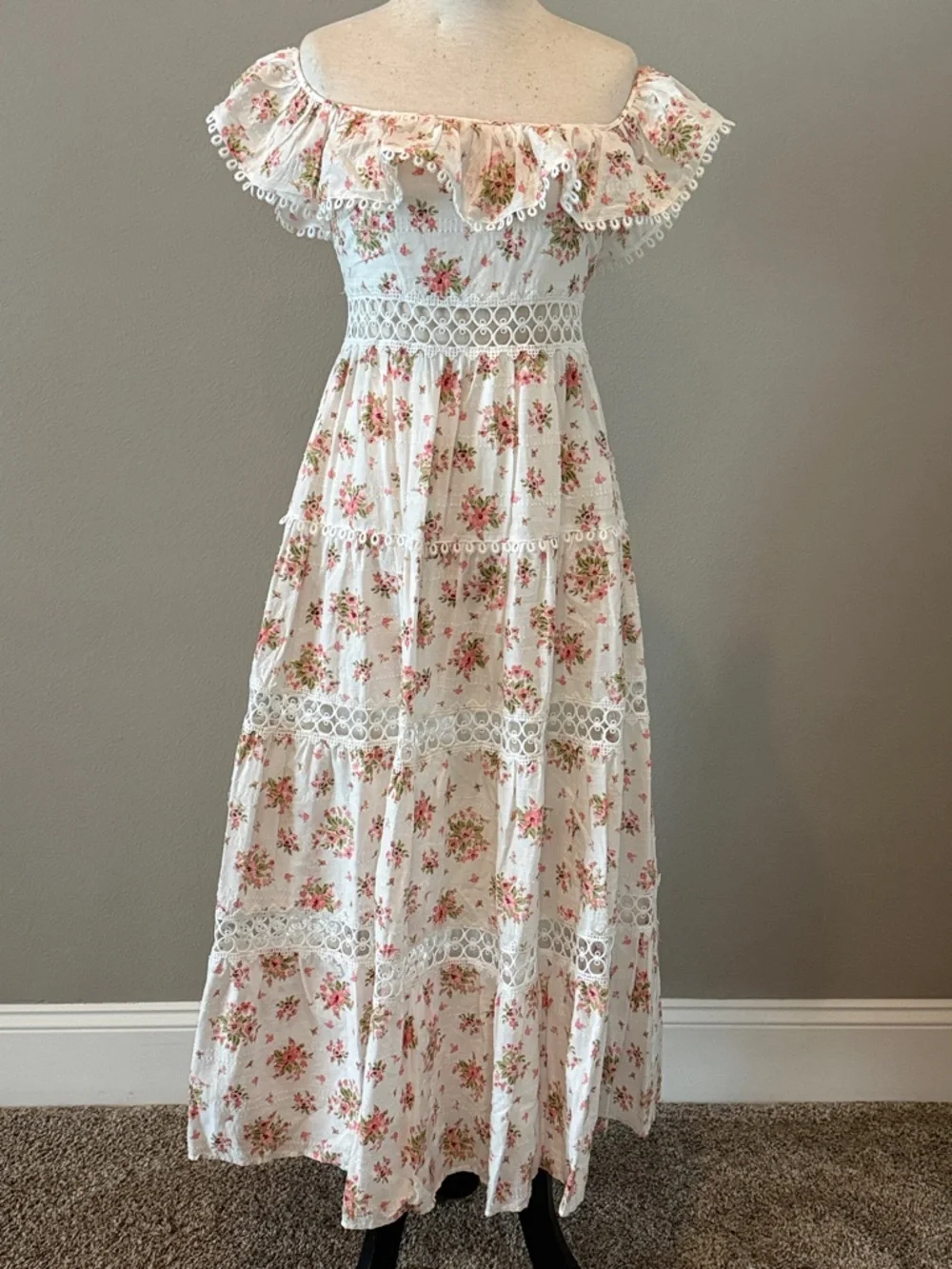 Floral Off-Shoulder Maxi Dress in White with Pink Roses - Picture 1 of 9